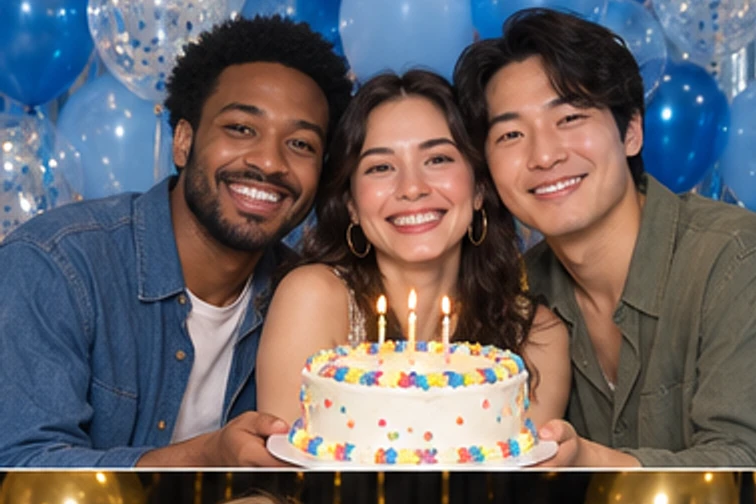 Confetti Pop birthday photo booth: Friends smiling with a pink birthday cake
