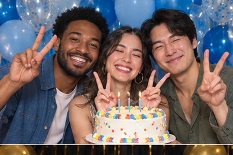 Confetti Pop birthday photo booth: Friends making playful peace signs at a birthday party