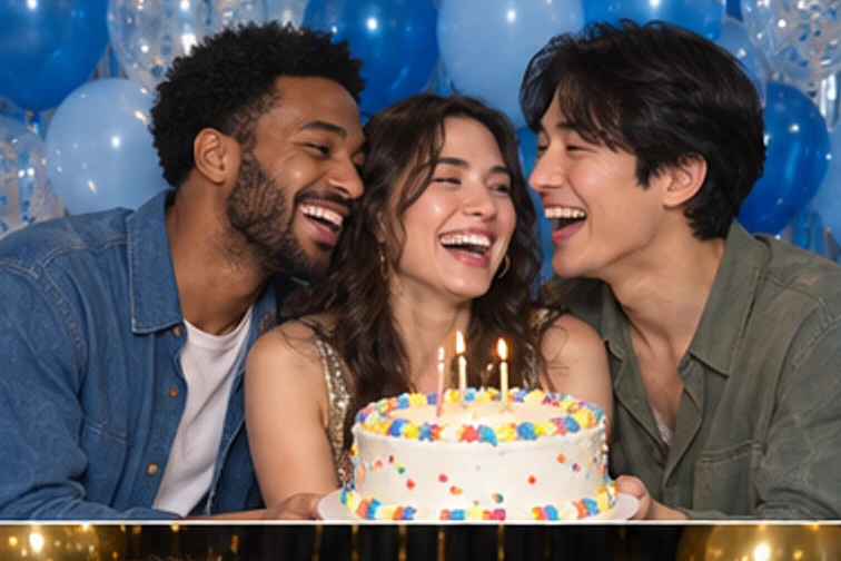 Confetti Pop birthday photo booth: Friends laughing together beside a birthday cake