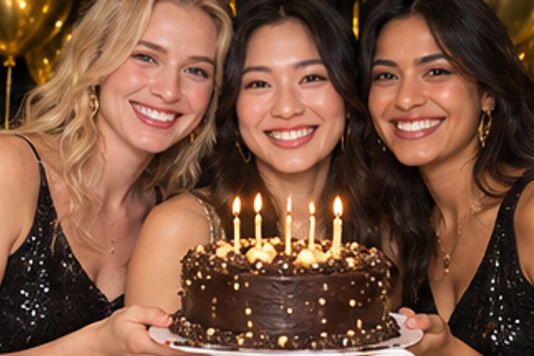 Golden Birthday birthday photo booth: Friends smiling with a pink birthday cake