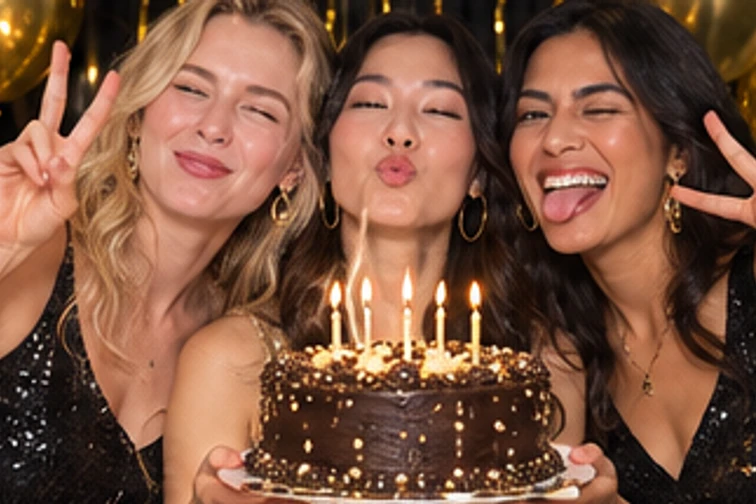 Golden Birthday birthday photo booth: Friends making playful peace signs at a birthday party