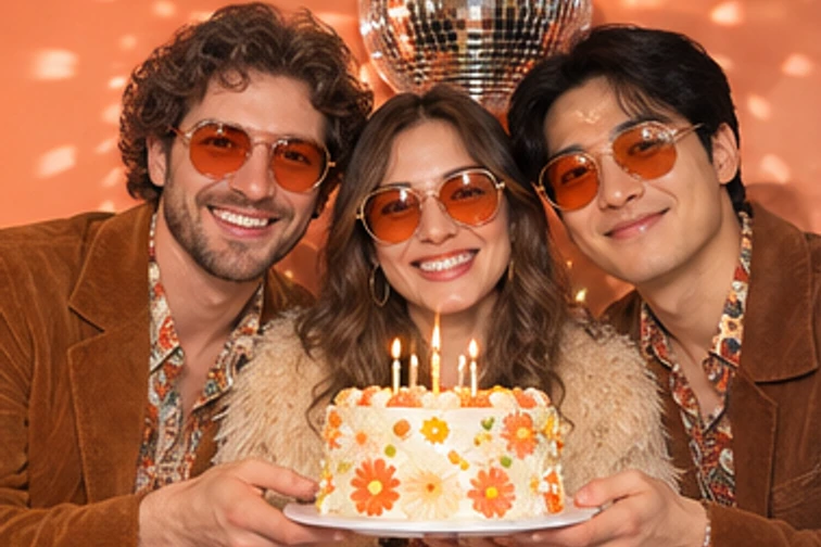 Disco Wishes birthday photo booth: Friends smiling with a pink birthday cake
