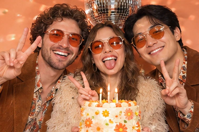 Disco Wishes birthday photo booth: Friends making playful peace signs at a birthday party