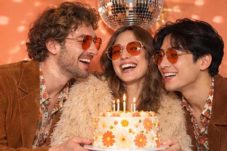 Disco Wishes birthday photo booth: Friends laughing together beside a birthday cake