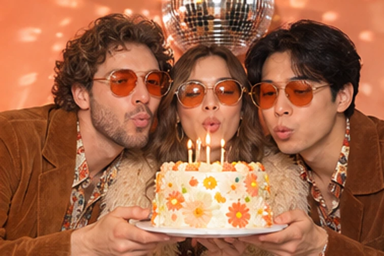 Disco Wishes birthday photo booth: Friends blowing out birthday candles