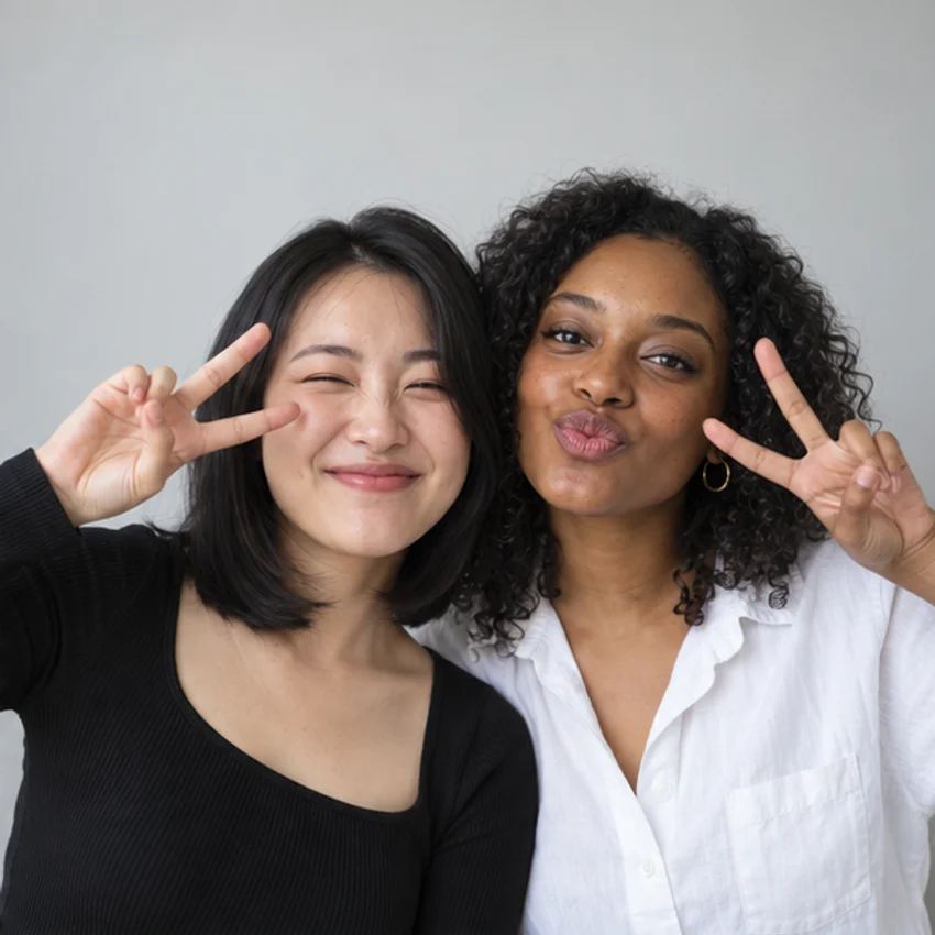 The peace-sign pose: two friends in a monochrome photo booth portrait