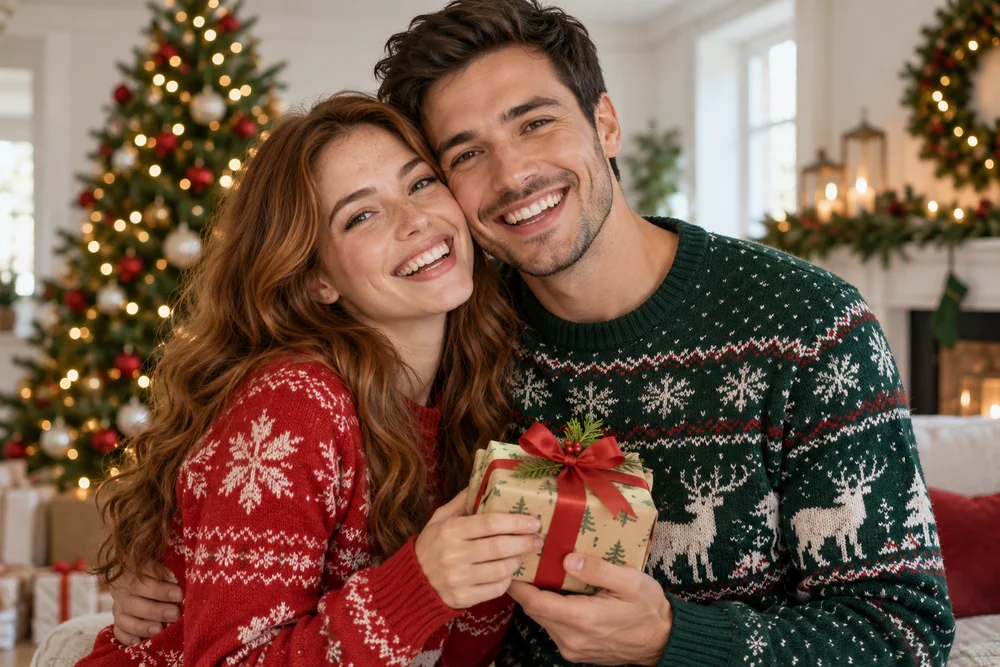 Couple laughing together in Christmas sweaters with a wrapped gift
