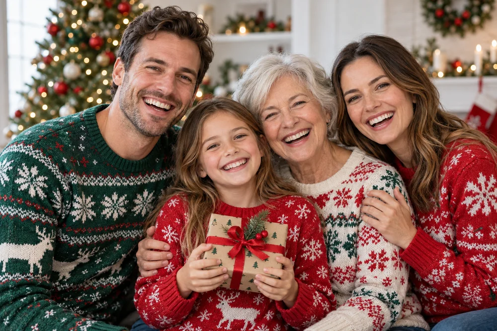 Three generations sharing a joyful Christmas present moment