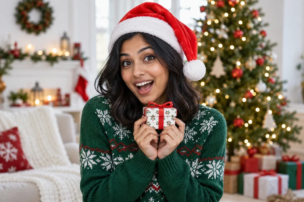 Woman in a Santa hat reacting playfully to a Christmas gift