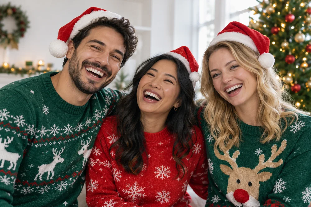 Three coworkers laughing in Christmas sweaters