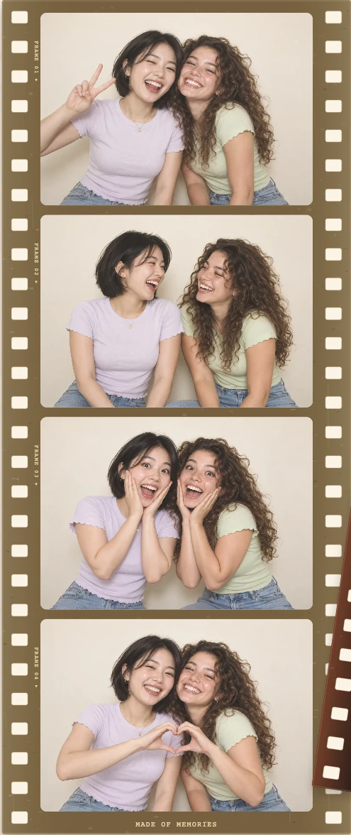 Faded Archive: friends posing, laughing, looking surprised and making a heart across four photos