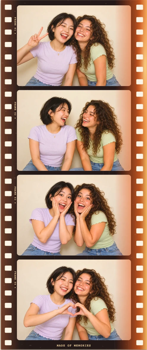 Red Light Leak: friends posing, laughing, looking surprised and making a heart across four photos