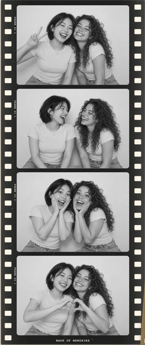 Silver Mono: friends posing, laughing, looking surprised and making a heart across four photos