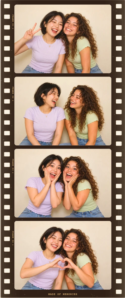 Warm Negative: friends posing, laughing, looking surprised and making a heart across four photos