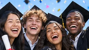 Four graduates laughing under falling confetti