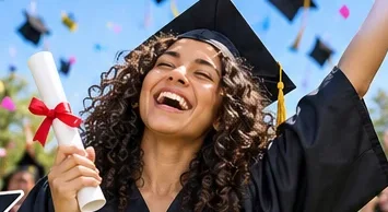 A graduate holding a diploma with an arm raised