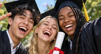 Three graduates laughing together with a diploma