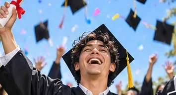 A graduate cheering as caps fly overhead
