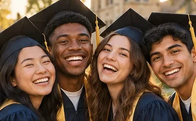 Four graduates smiling together on campus at golden hour