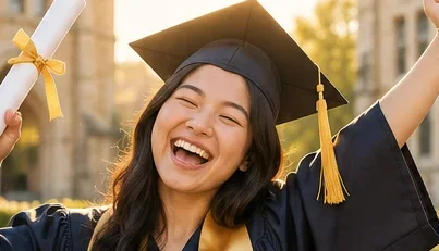 A graduate raising a diploma and laughing