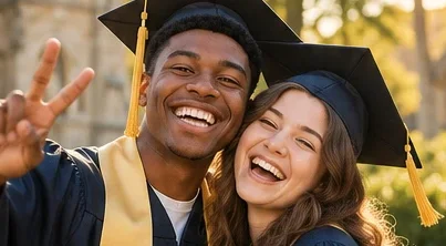 Two graduates leaning together, one making a peace sign