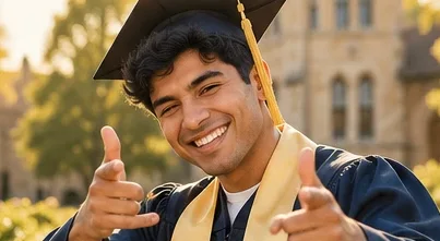 A graduate pointing both hands at the camera