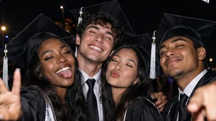 Four graduates posing at night with city lights behind them