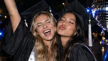 Two graduates posing close together at a night party