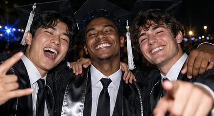 Three graduates laughing and pointing at the camera at night