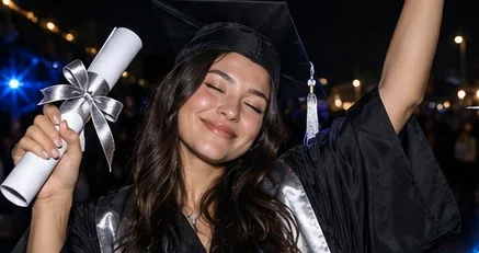 A graduate holding a diploma with a silver bow at night