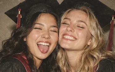 Two graduates cheek to cheek, one sticking out a tongue