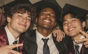 Three graduates in ties with arms around each other