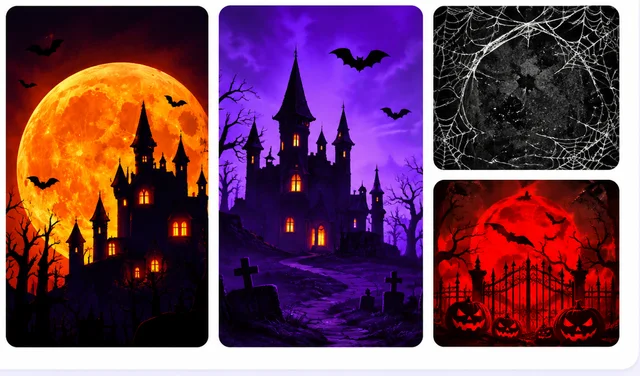 Halloween photo booth backgrounds: harvest moon, haunted castle, cobweb and deep red gate