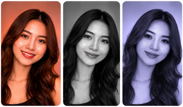 The same portrait shown with a warm orange, a black and white, and a purple Halloween photo filter