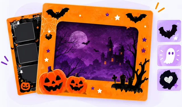 Orange and purple Halloween photo frames with pumpkins, bats and ghosts