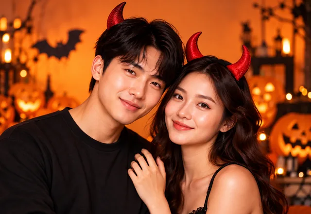 A couple in matching Halloween costumes posing together for a photo strip