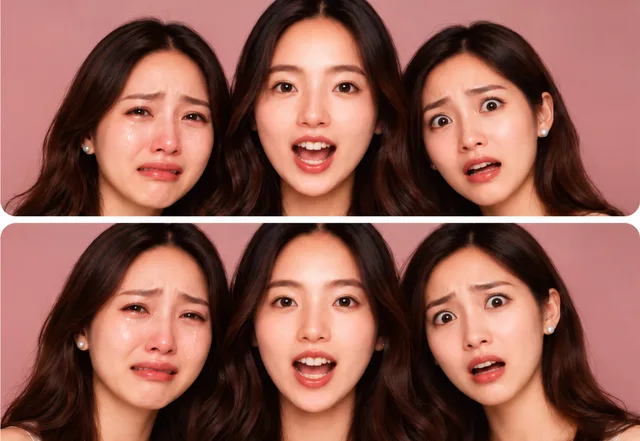 A photo strip showing the same person with crying, surprised and frightened expressions