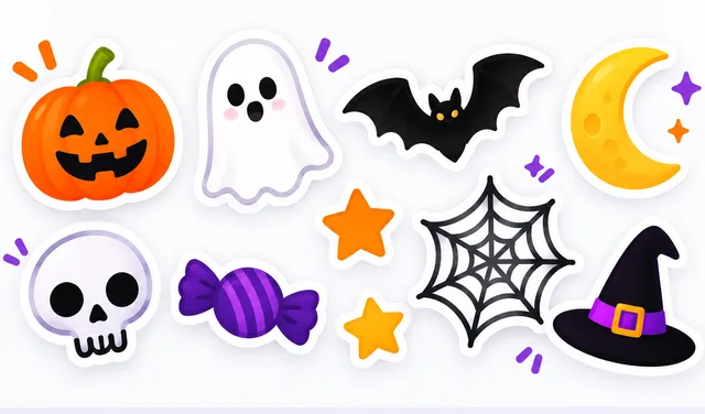Halloween stickers: jack-o-lantern, ghost, bats, crescent moon, skull, candy, star, spider web and witch hat