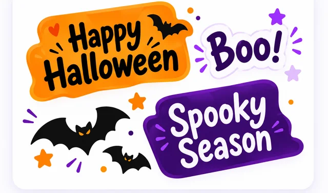 Halloween photo strip captions reading Happy Halloween, Boo! and Spooky Season