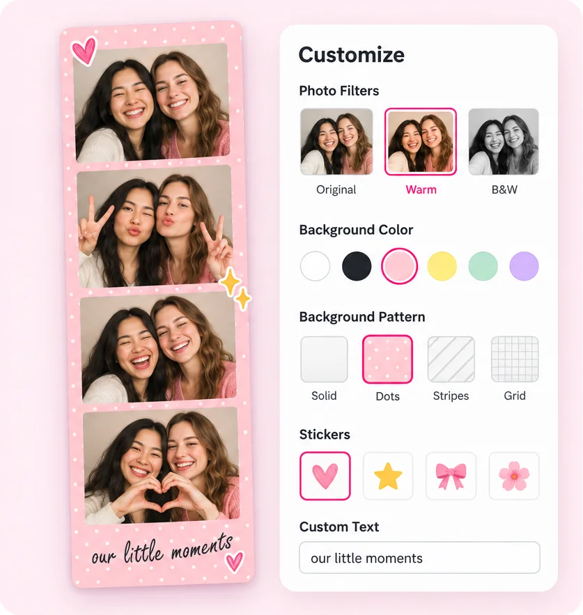 Illustrative Customize panel showing photo filters, background colors, dots and stripes, stickers, and custom text beside a pink photo strip