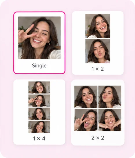 Examples of single-photo, two-photo strip, four-photo strip, and 2 by 2 grid layouts